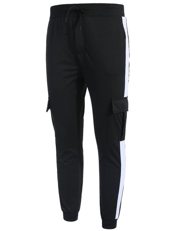 Pantalon Cargo Jogging avec Rayures sur le Côté de Couleur Contrastée et Poches en Patchwork - Noir S
