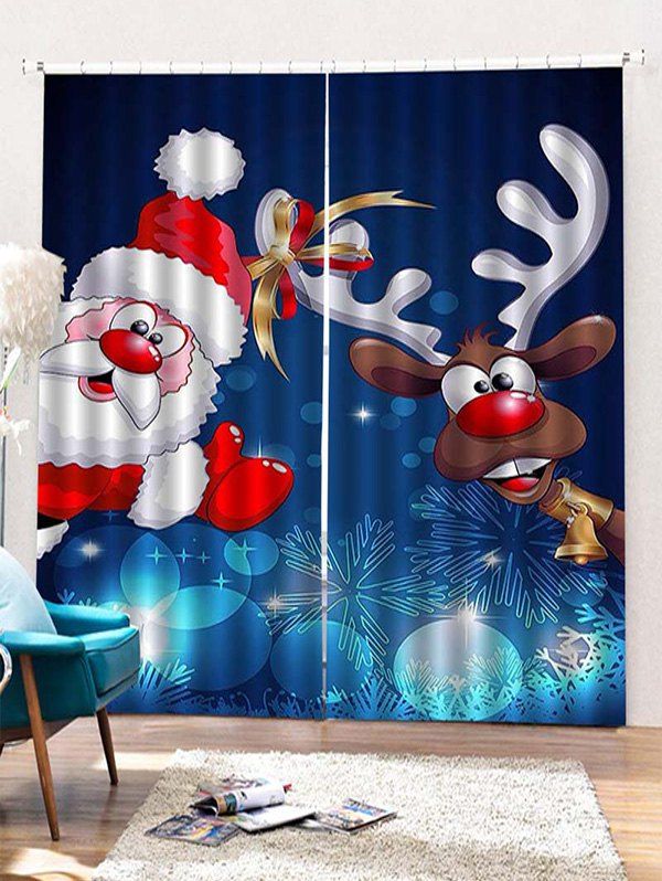 

2 Panels Christmas Santa Elk Print Window Curtains, Multi