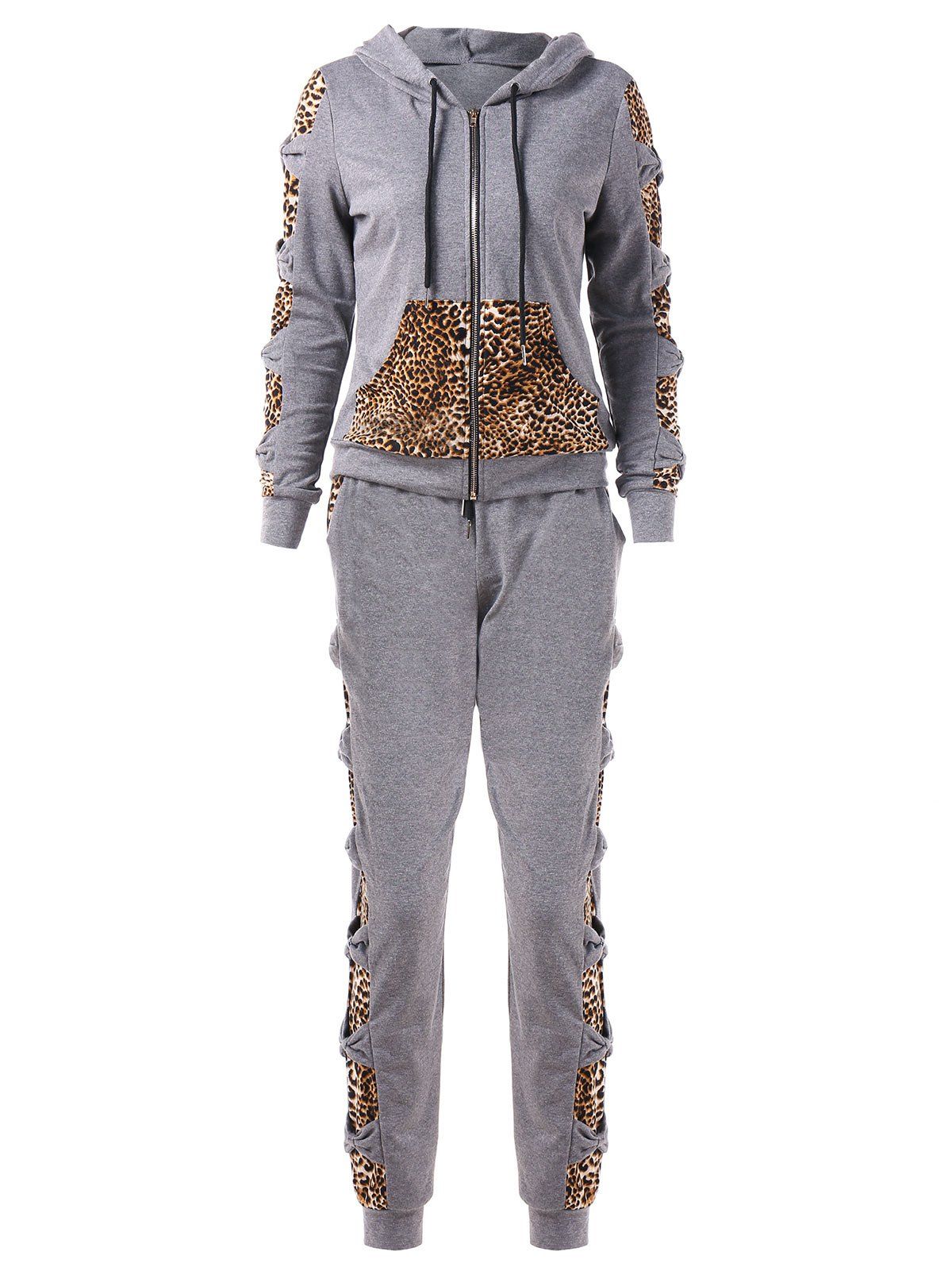 

Leopard Print Zip Up Hoodie with Pants Sweat Suits, Gray