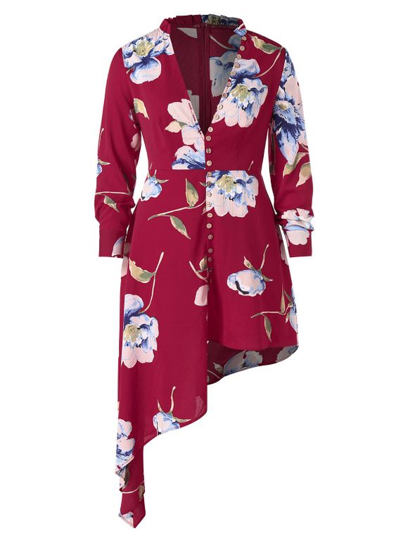 Robe Asymétrique Fleurie Imprimée Grande Taille à Col Plongeant - Rouge Vineux 4X