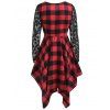 Asymmetric Lace Long Sleeve Plaid Dress - CHERRY RED L