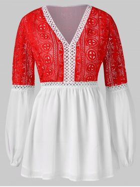 Puff Sleeve Two Tone Lace Crochet Blouse