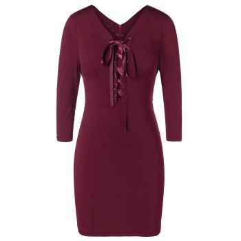 

Plus Size Lace Up Pencil Dress, Red wine
