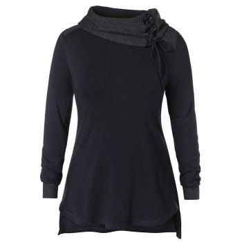 

Lace Up High Neck Plus Size T-shirt, Black