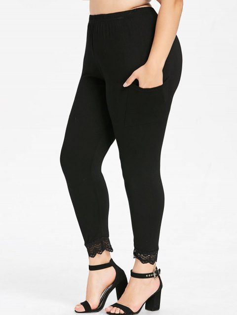 [17% OFF] 2019 Plus Size Side Pockets Lace Trim Ninth Leggings In BLACK ...