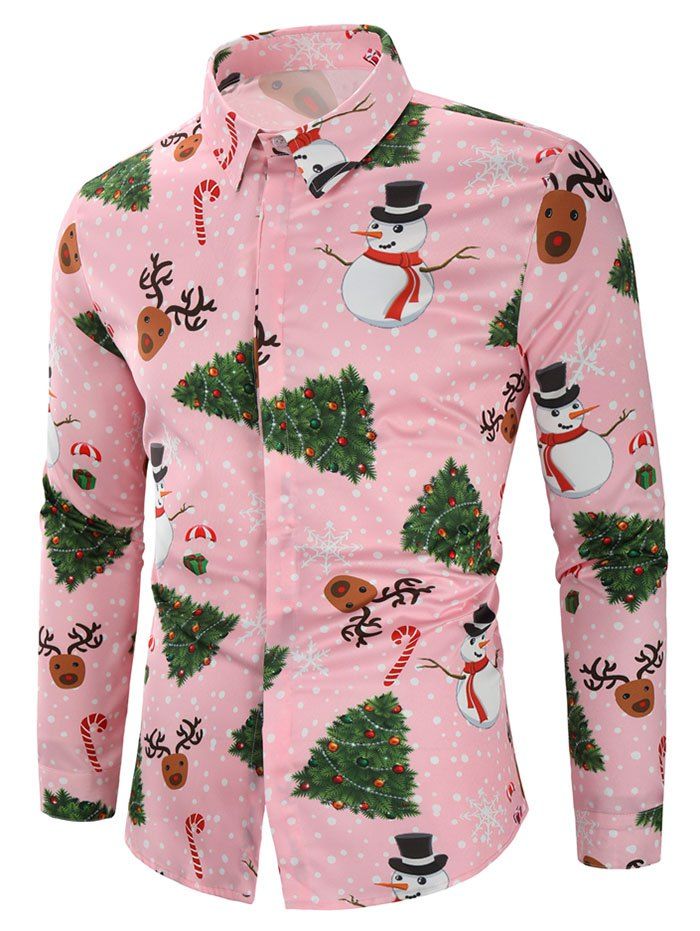 Chemise à Imprimé Bonhomme de Neige Bonbon et Sapin de Noël - Rose L