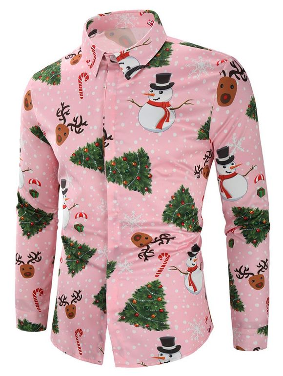 Chemise à Imprimé Bonhomme de Neige Bonbon et Sapin de Noël - Rose 2XL