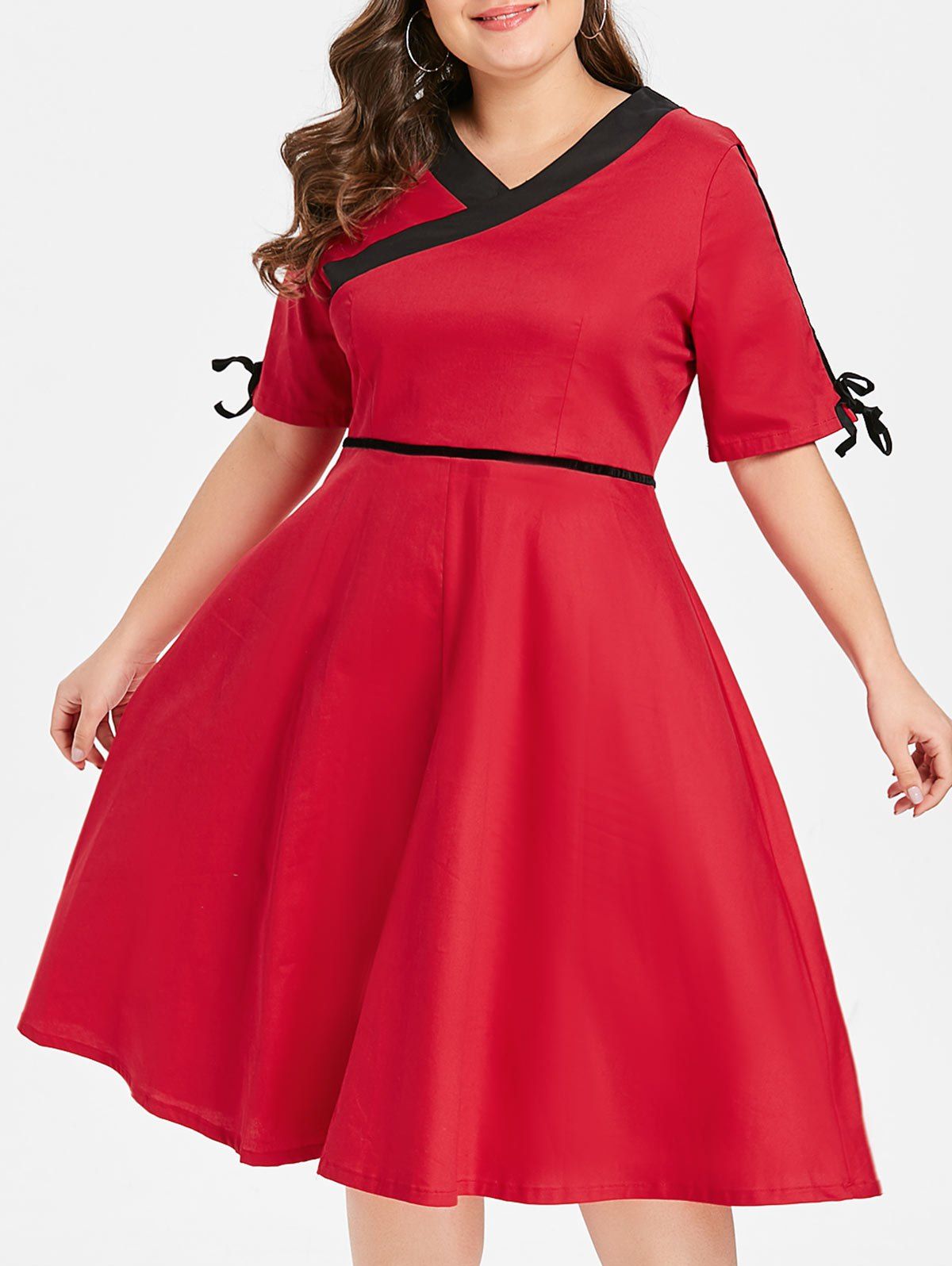 

Plus Size V Neck Vintage Flare Dress, Red
