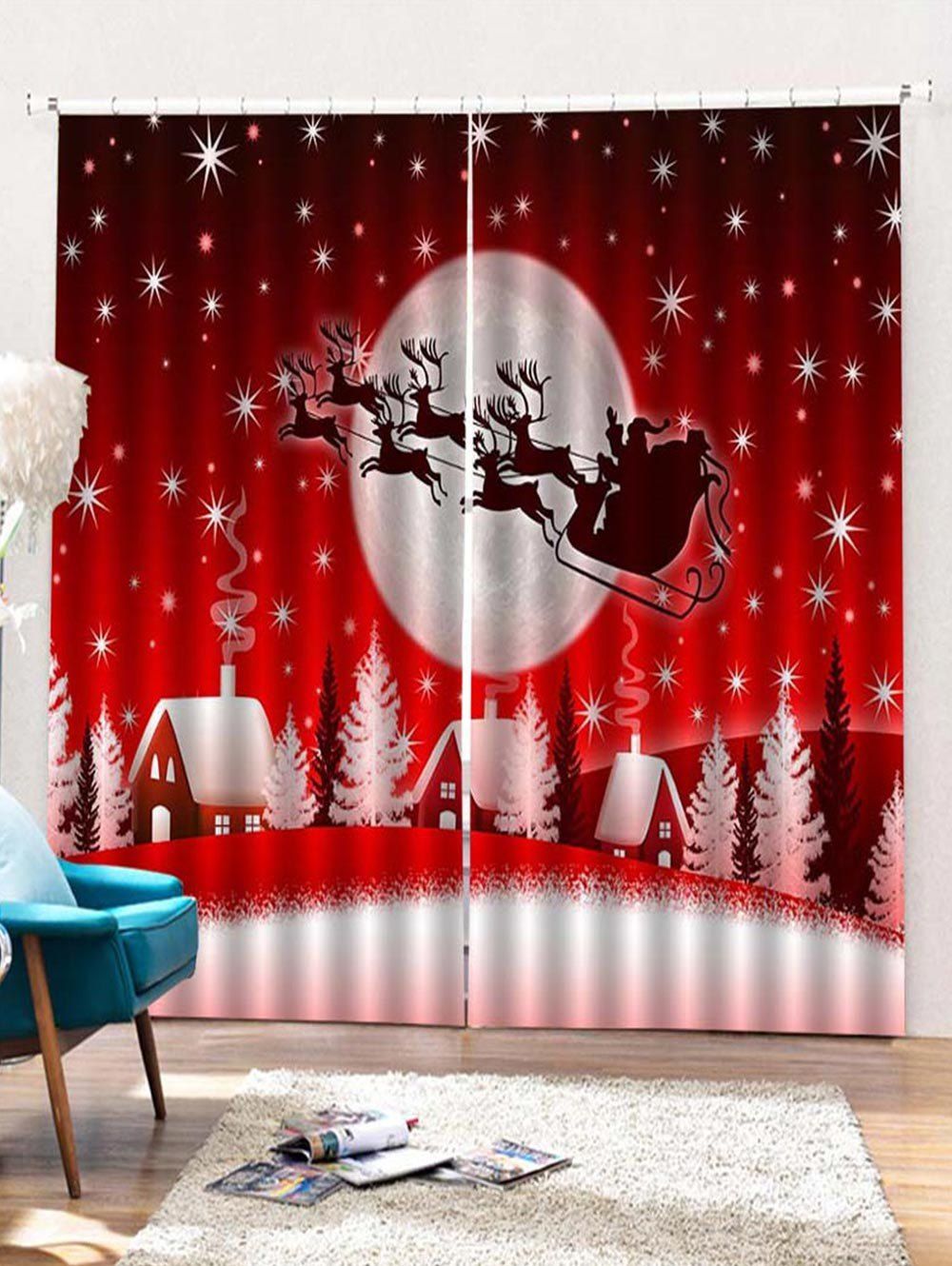 

2PCS Father Christmas Deer Night Window Curtains, Lava red