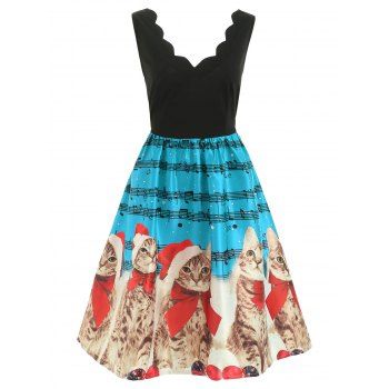 

Christmas Cats Musical Notes Print Sleeveless Dress, Ocean blue
