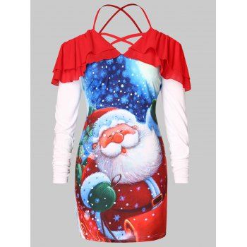 

Plus Size Cold Shoulder Santa Claus Print Christmas T-shirt, Red