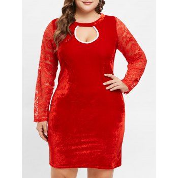 

Plus Size Cutout Velvet Bodycon Dress with Lace, Red