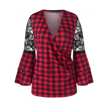 

Surplice Bell Sleeve Lace Panel Plaid Blouse, Multicolor