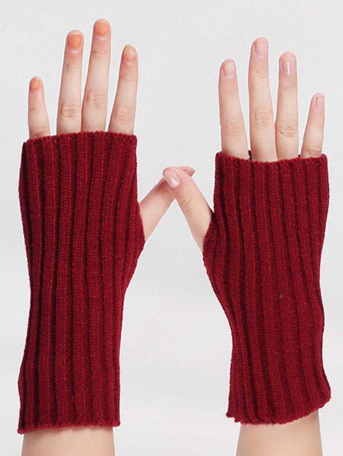 Gants sans doigts en tricot à rayures - Rouge Vineux 