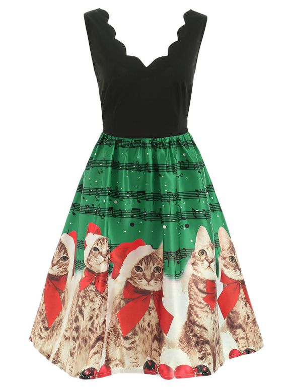 Christmas Cats Musical Notes Print Sleeveless Dress - DEEP GREEN 2XL