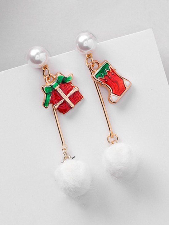 Boucles d'Oreilles Asymétriques Chaussette de Noël avec Boule Fourrée - Rouge 