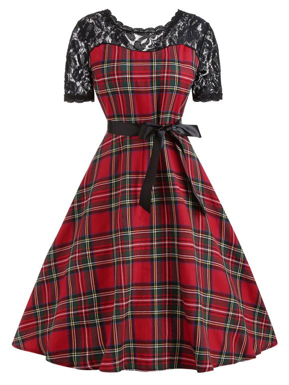 Vintage Lace Panel Plaid Fit and Flare Rockabilly Style Dress - RED 2XL