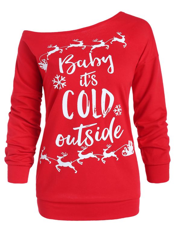 Sweat-shirt de Noël de grande taille avec flocon de neige et wapiti - Rouge 4X