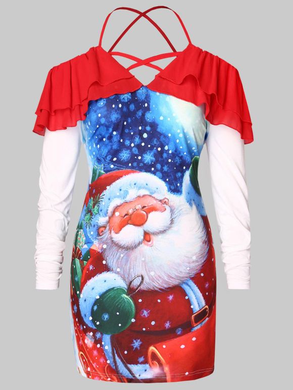 T-shirt Père Noël Imprimé de Grande Taille à Epaule Dénudée - Rouge 4X