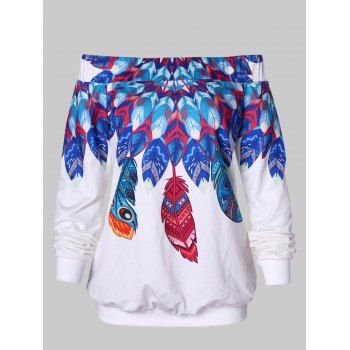 

Feather Print Off The Shoulder Sweatshirt, Milk white