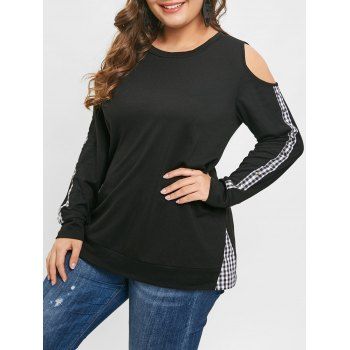 

Plus Size Cold Shoulder Plaid Insert Tee, Black
