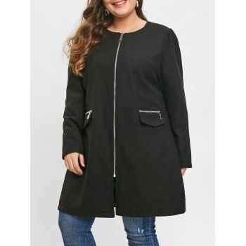 

Plus Size Zip Fly Woollen Coat, Black
