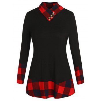 

Plus Size Long Sleeve Plaid Panel T-shirt, Black