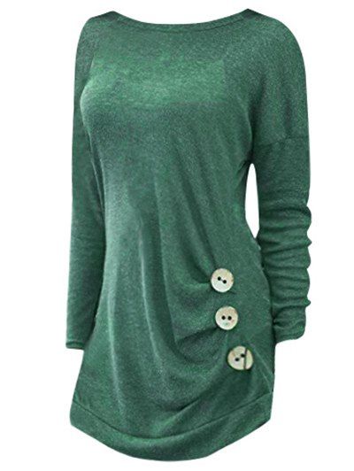 Side Button Detail Plus Size Long Sleeve T-shirt - GREEN 3X
