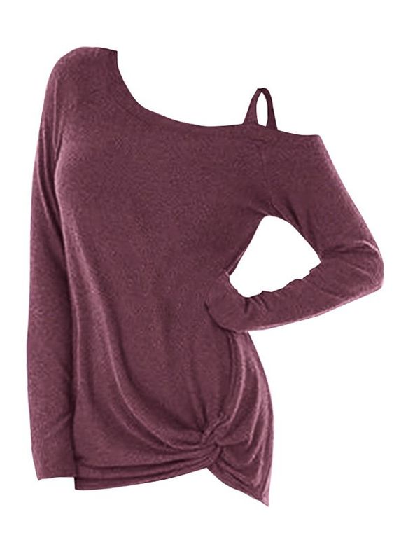 T-shirt Tordu Détaillé Grande Taille à Manches Longues - Rouge Violet Pâle 1X