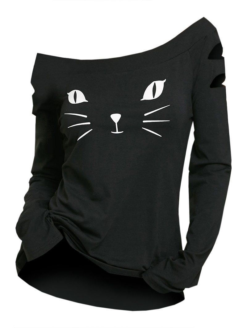 DressLily.com: Photo Gallery - Cat Face Printed Ripped Long Sleeve T-shirt