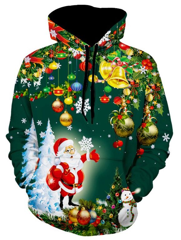 Sweat-Shirt à Capuche Motif Père Noël Cloches et Sapin - Vert Forêt Noire XL