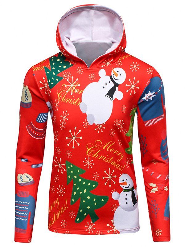 

Hooded 3D Christmas Tree and Snowman Print Flocking Hoodie, Red