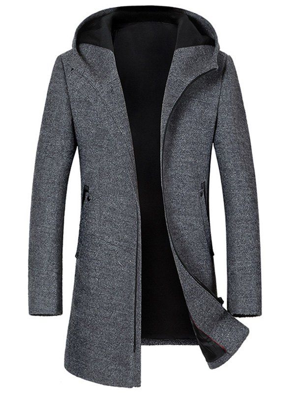 Zipper Up Wool Blend Hooded Coat -  