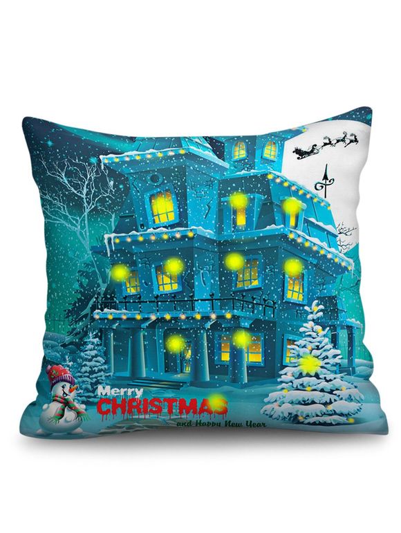 Taie d'Oreiller de Noël Bonhomme de Neige Maison et Lumière LED Imprimés - Bleu Vert Ara W18 X L18 INCH