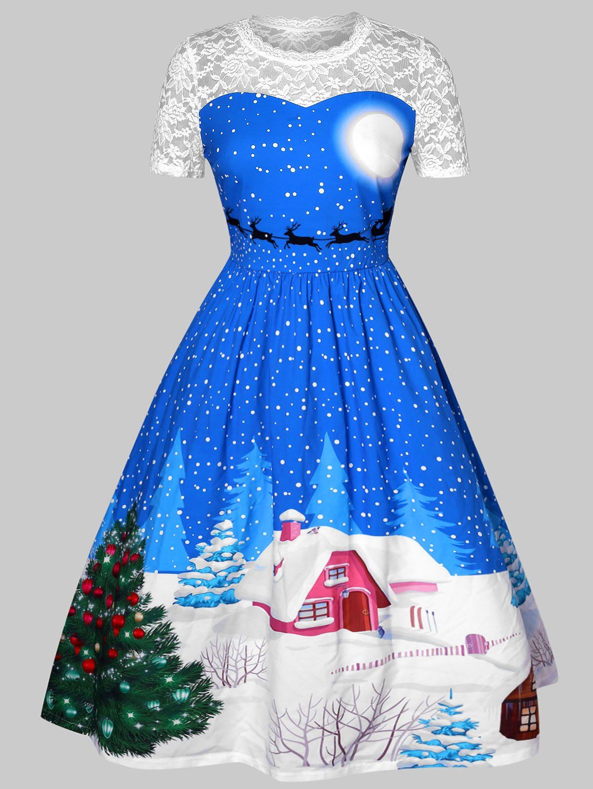 

Christmas Printed Plus Size Pin Up Dress, Sky blue