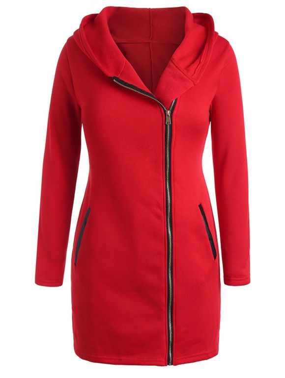 Manteau à Capuche à Zip de Grande Taille Panneau en PU - Rouge 1X