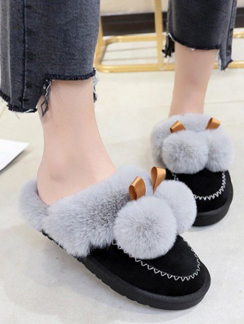 [60% OFF] 2019 Fuzzy Ball Suede Faux Fur Slippers In BLACK | DressLily