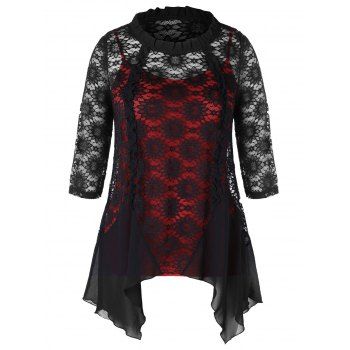 

Plus Size Cami Top and Lace Irregular Hem Blouse, Black
