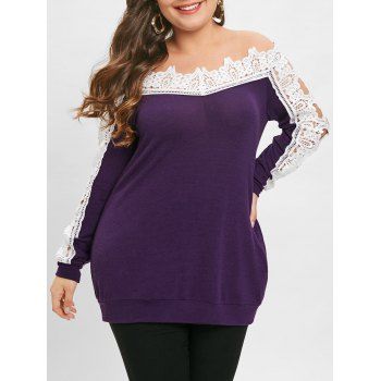 

Plus Size Off Shoulder Lace Panel Tunic Tee, Purple iris