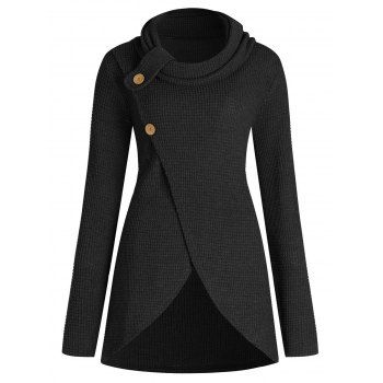 

Plus Size Button Detail Front Slit Sweater, Black