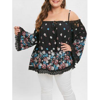 

Plus Size Open Shoulder Print Blouse, Black