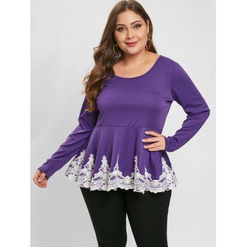 

Plus Size Lace Insert Long Sleeve Peplum Top, Purple