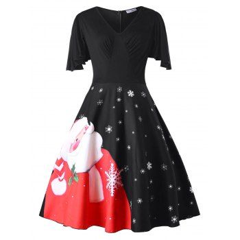 

Plus Size Christmas Santa Claus Print Vintage Dress, Black