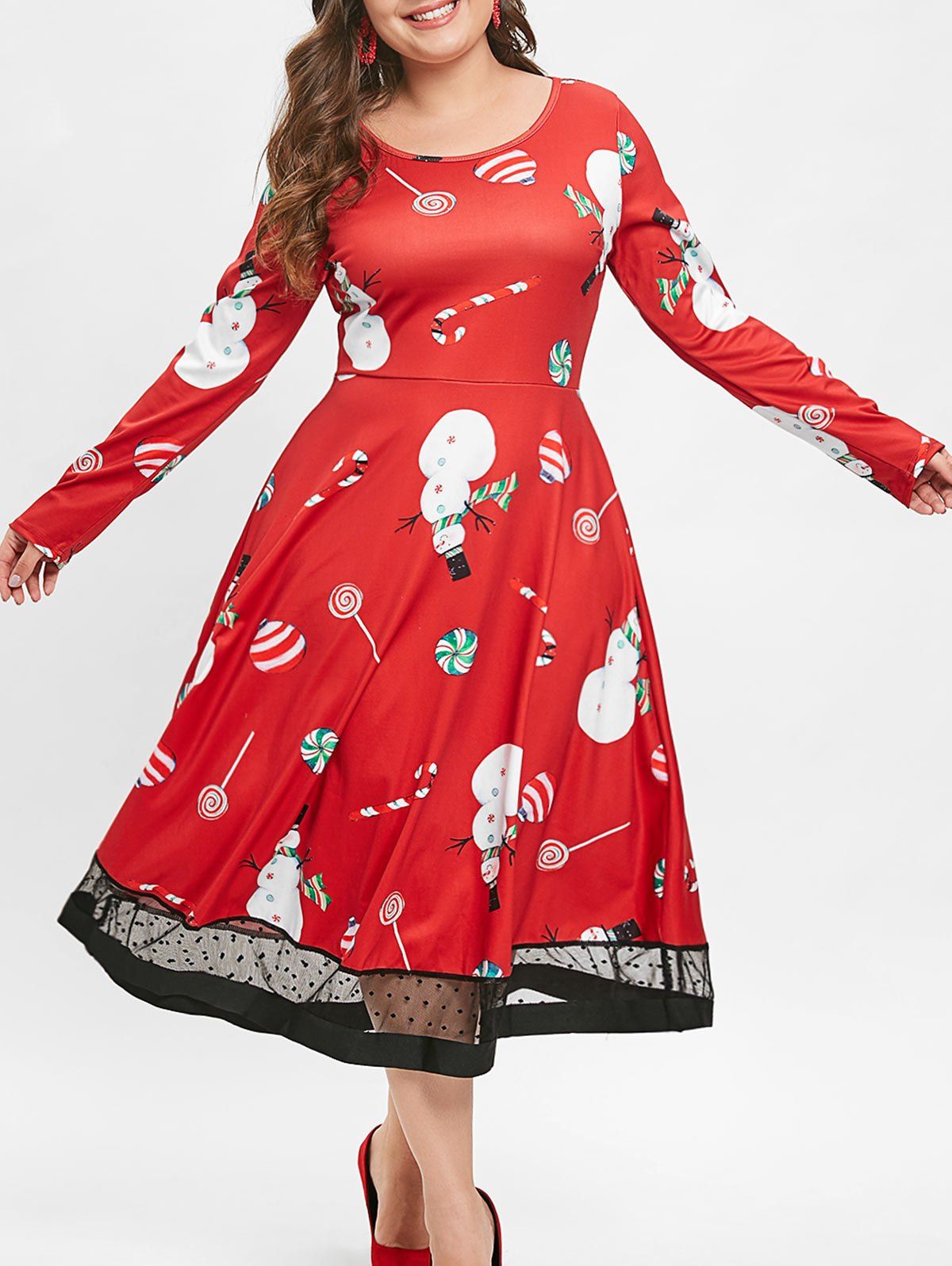 

Christmas Plus Size Lollipop Snowman Print Dress, Red