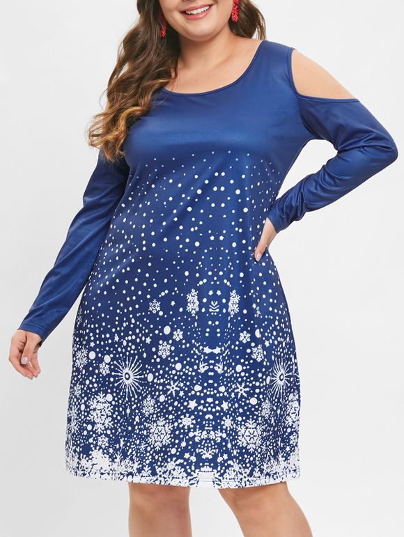 Robe de Noël Flocon de Neige à Epaule Dénudée de Grande Taille à Manches Longues - Bleu Cobalt L