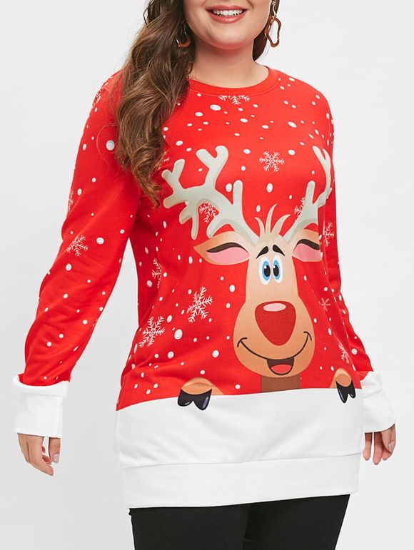 Sweat-shirt de Noël Flocon de Neige et Cerf Imprimés de Grande Taille - Rouge Lave 4X