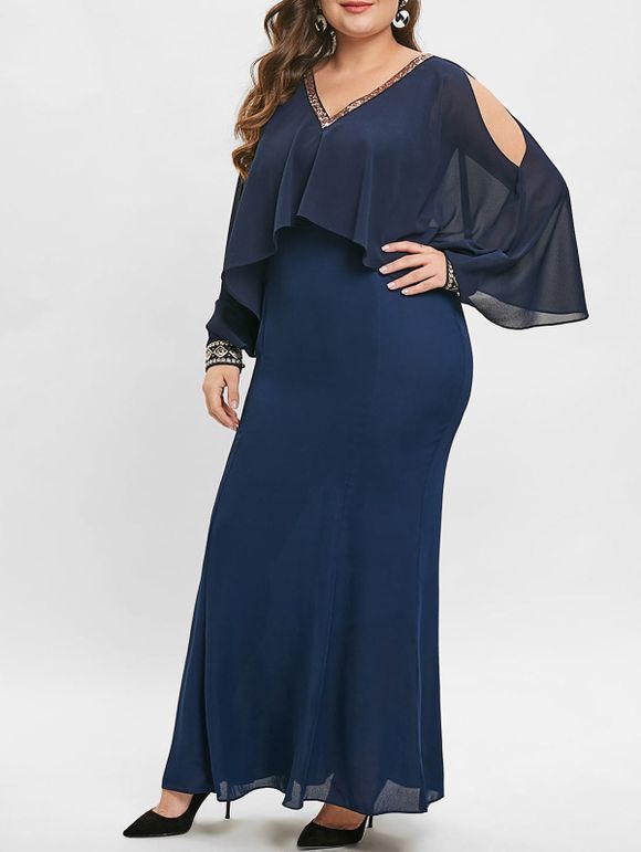 Maxi Robe Superposée Embellie de Paillette Grande Taille - Bleu profond L