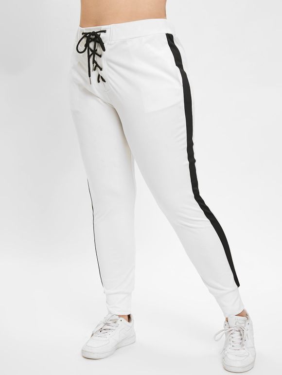 Pantalon Contrasté à Taille Haute de Grande Taille à Lacets - Blanc 4X