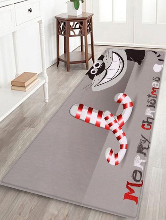 Tapis de Sol Joyeux Noël Chat Imprimé en Laine - Nuage Gris W24 X L71 INCH