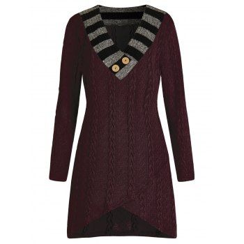 

Plus Size Cable Knit Asymmetric Longline Sweater, Red wine